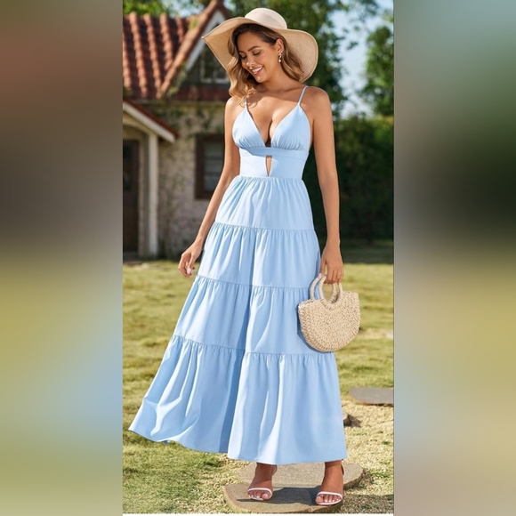 Boho Blue Maxi Dress NWT Flowy Tiered Sundress Cutout Back Size L 12 14 - Picture 3 of 6